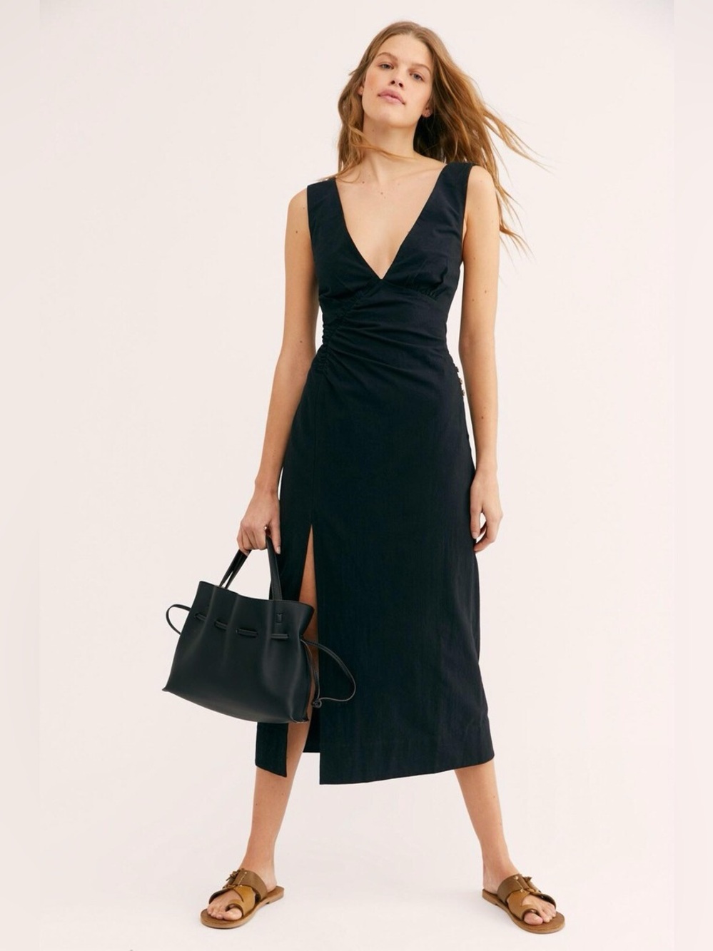 Free People | Black V-Neck Midi Dress with Side Slit